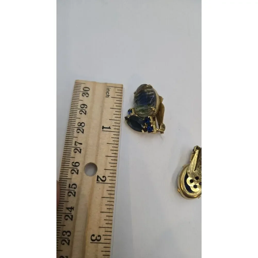 Vintage Unique Glass Cluster Blue Clip Earrings Rhinestone Statement Bling
